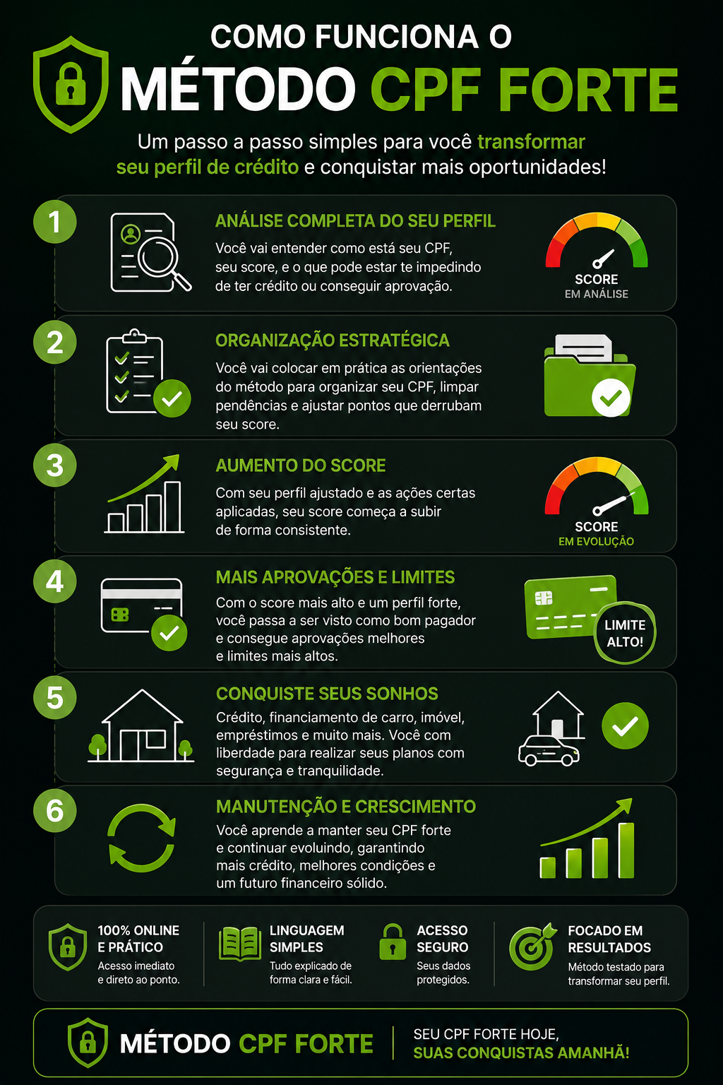 Infográfico explicando como funciona o Método CPF Forte em 6 passos