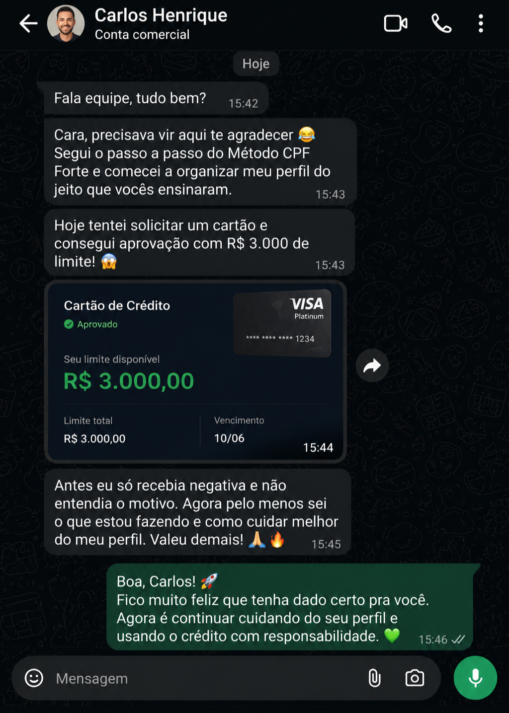 Depoimento de Carlos Henrique aprovado com limite de R$ 3.000 no cartão de crédito