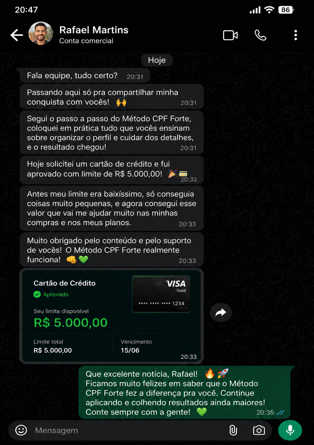 Depoimento de Rafael Martins aprovado com limite de R$ 5.000 no cartão de crédito