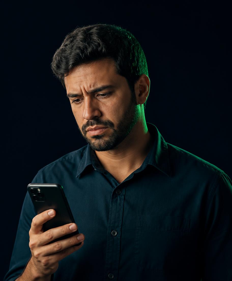 Homem preocupado olhando para o celular após ter o crédito recusado